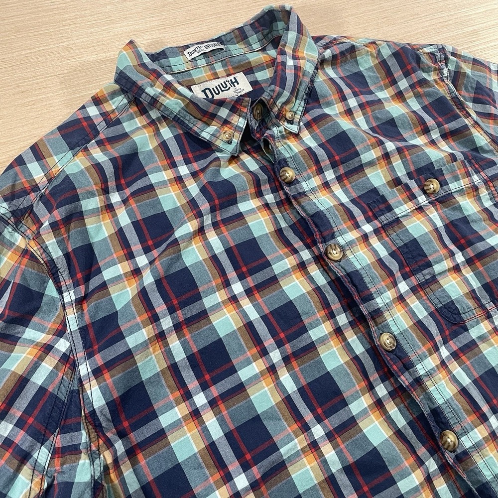 Duluth Trading Co Men's XL Untucked Shirt Blue Orange Plaid Short Sleeve Outdoor
